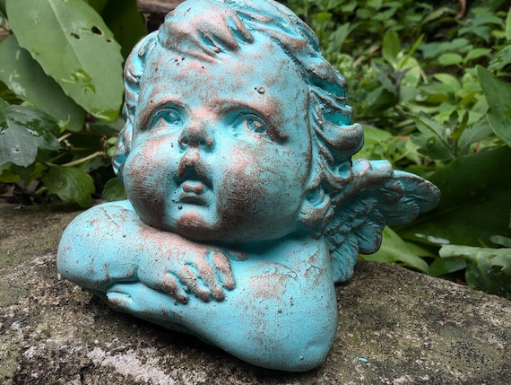 Antiqued Concrete Cherub Statue: Handmade Angel Decor Accent