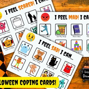 Cartões de enfrentamento de emoções de Halloween para bebês e crianças pequenas, ferramentas para pais, sentimentos de atividade infantil, canto calmo, ferramentas para professores, serviço social