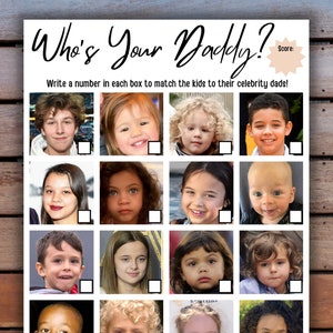 May include: A printable game with 16 photos of children and a list of 16 celebrity dads. The game asks players to match the children to their celebrity dads. The game is titled "Who's Your Daddy?" and has a score box in the top right corner. The game is on a wooden background.