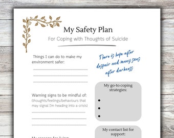 Safety Plan, Crisis Safety Plan, Suicide Prevention, Counselling Worksheet, Counseling Tool, Psychology, Therapeutic, Anxiety
