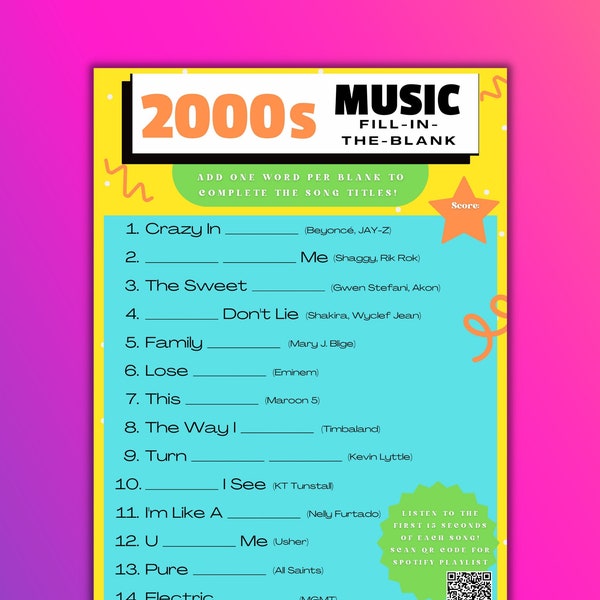 2000s Music Trivia Game!  Baby Shower, Party Game, Birthday Party Game, Custom Playlist, 2000s theme party game, digital download, 2000s