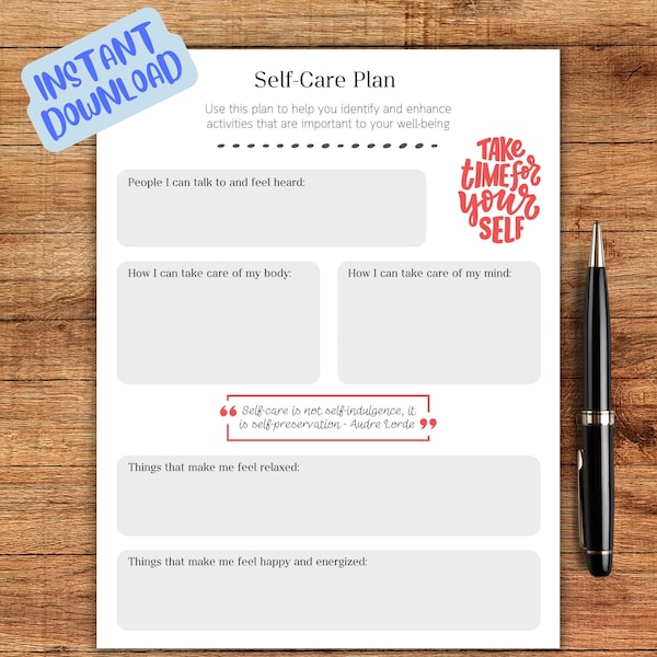 Self-Care Plan Worksheet, Therapy Worksheet, Counselling Template, Positive Psychology, Teens and Adult Therapy, Printable, Social Work Tool