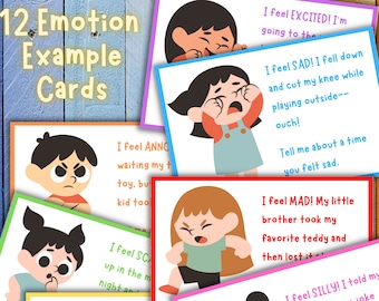 Könnte beinhalten: Zwölf bunte Karten mit Illustrationen von Kindern, die verschiedene Emotionen ausdrücken. Jede Karte zeigt das Gesicht eines Kindes und eine kurze Beschreibung der Emotion, wie "Ich freue mich!" oder "Ich bin traurig!" Die Karten sollen Kindern helfen, verschiedene Emotionen kennenzulernen und zu identifizieren.