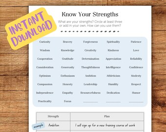 Strengths Worksheet, Positive Psychology, Youth & Adult Therapy (Printable PDF)