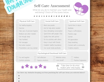 Self-Care-Assessment Arbeitsblatt, Therapie zum Ausdrucken (digitaler Download)