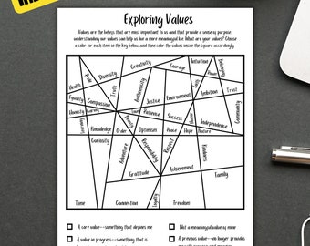 May include: A black and white printable worksheet with a grid of values, such as honesty, creativity, and courage. The worksheet is titled "Exploring Values" and includes instructions to color the values inside the square accordingly.