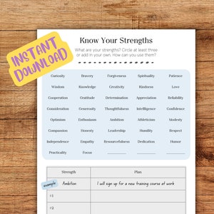 Strengths Worksheet, Therapy Worksheet, Counselling Template, Positive Psychology, Teens Youth Adult Therapy, Printable, Social Work Tools