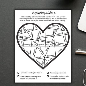 Values Coloring Worksheet, Therapy Tool, Self-Help Resource, Printable, Counselling Template, Mental Wellness Tool, Social Work Printable
