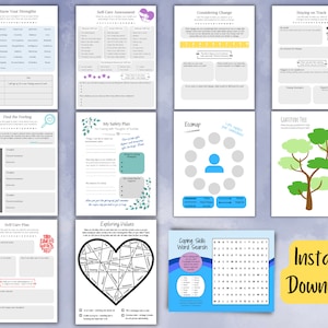 Therapy Worksheet pack, crisis safety plan, Self-Care, Strengths, Motivational Interviewing, Therapy Tools, Social Work Tools, CBT, ACT, MI