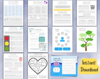 Therapy Worksheet Bundle, Self-Care, Safety Plan (Digital Download)