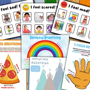 Cartões de exercícios respiratórios e de aprendizagem emocional para crianças, ferramentas para pais, planilha infantil, sentimentos, canto calmo, ferramentas para professores, crianças ansiosas