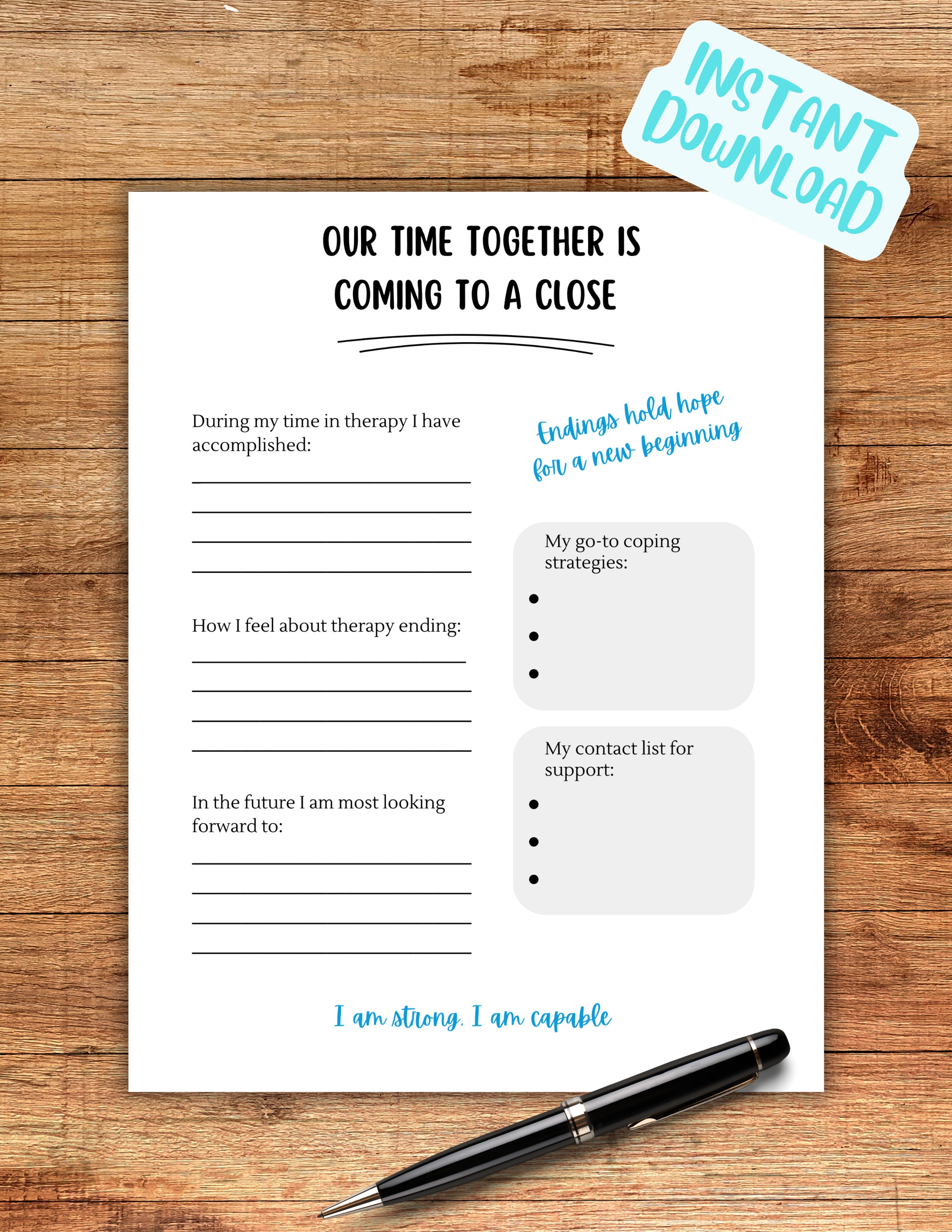 Printable template for counseling closure, therapy guide.