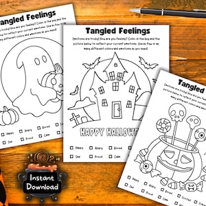 May include: Three black and white Halloween-themed colouring pages with the text "Tangled Feelings" and "Instant Download". Each page features a different Halloween image: a ghost, a haunted house, and a jack-o'-lantern. Each page has a list of emotions.