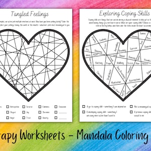 May include: A printable worksheet set for therapy, featuring two heart-shaped mandalas. The first mandala is titled "Tangled Feelings" and includes a list of emotions. The second mandala is titled "Exploring Coping Skills" and includes a list of coping mechanisms. The worksheets are designed to be colored in.
