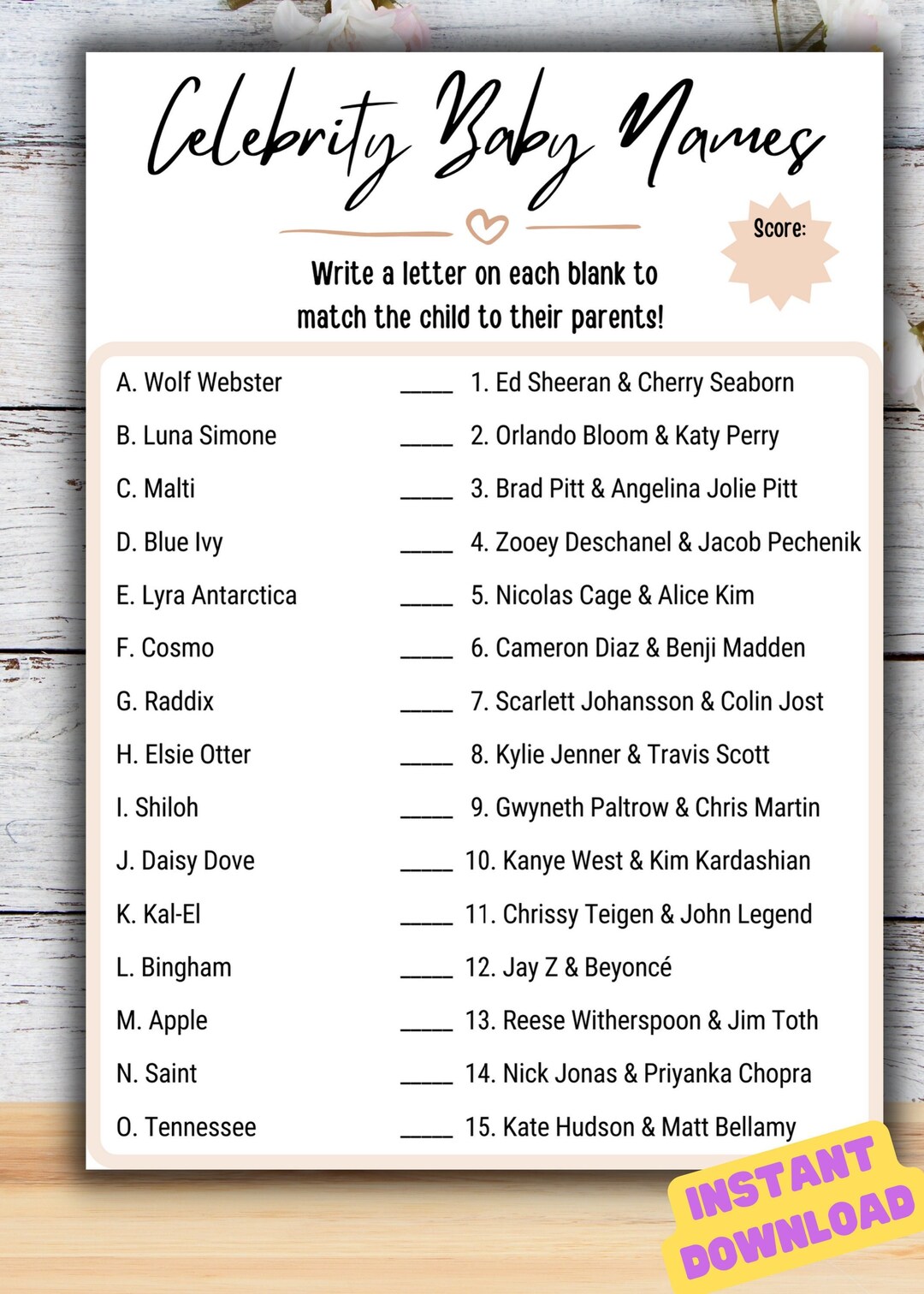 Celebrity Baby Shower Game, Modern Baby Shower Game, Celebrity Party