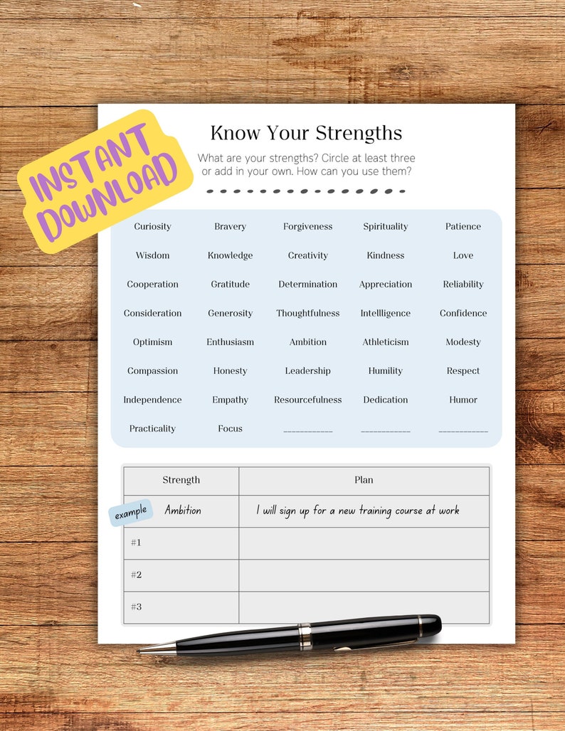 Strengths Worksheet, Therapy Worksheet, Counselling Template, Positive