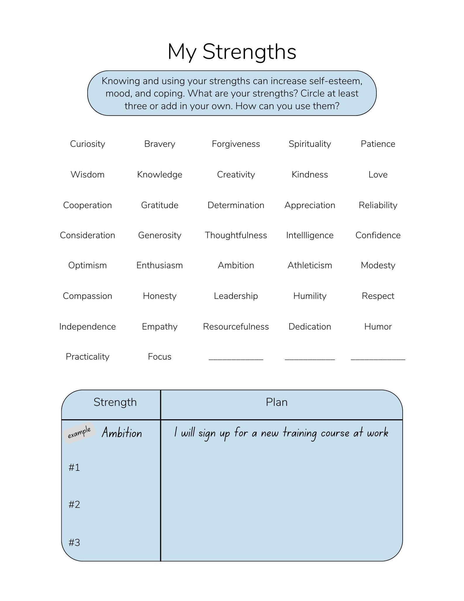 Strengths Worksheet, Therapy Worksheet, Counselling Template, Positive