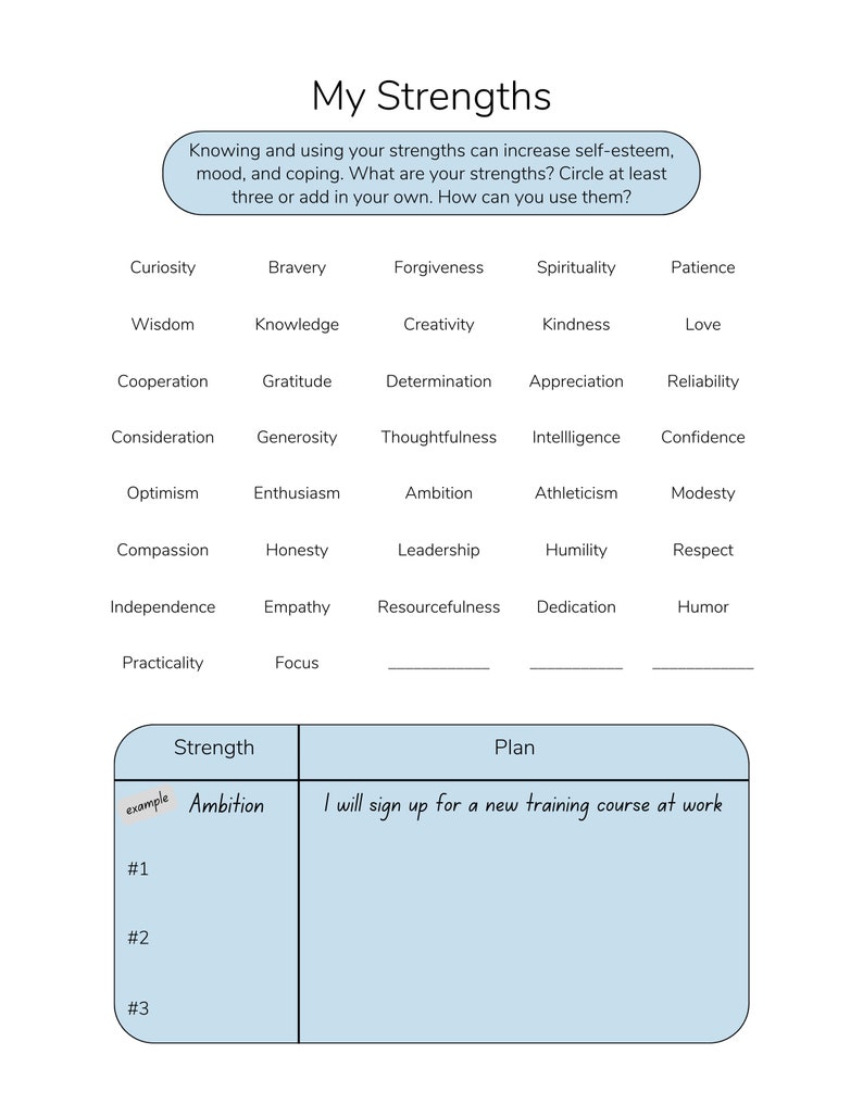 Strengths Worksheet, Therapy Worksheet, Counselling Template, Positive