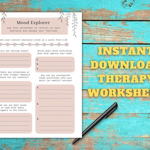 May include: A printable mood explorer worksheet with a light pink background and gray floral accents. The worksheet includes prompts to rate your overall emotional state, identify triggers, and list activities that improve your mood.