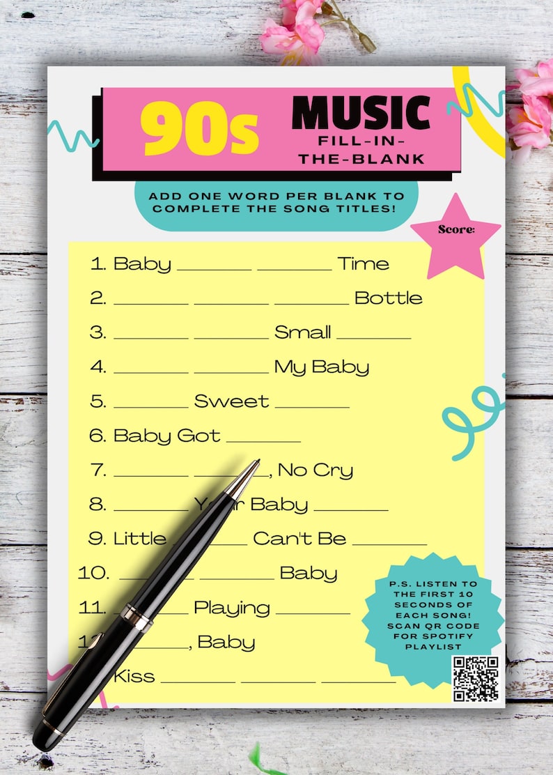 May include: A printable 90s music trivia game with a pink, yellow and blue colour scheme. The game asks players to fill in the blank to complete the titles of popular 90s songs. The game includes a QR code to scan for a Spotify playlist.
