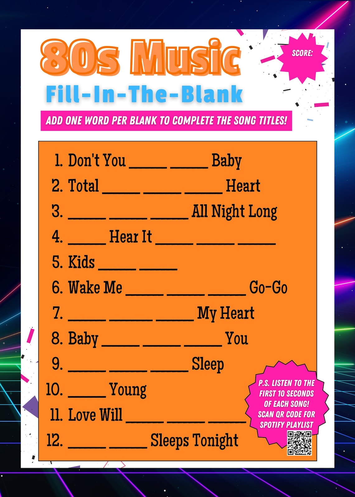 80s Music Trivia Game! - Fun, Modern Baby Shower or Party Game - Custom ...
