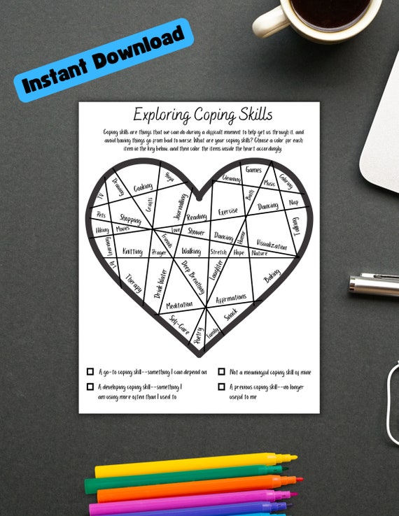 Coping Skills Coloring Worksheet, Therapy Self-Help Tool (Printable)