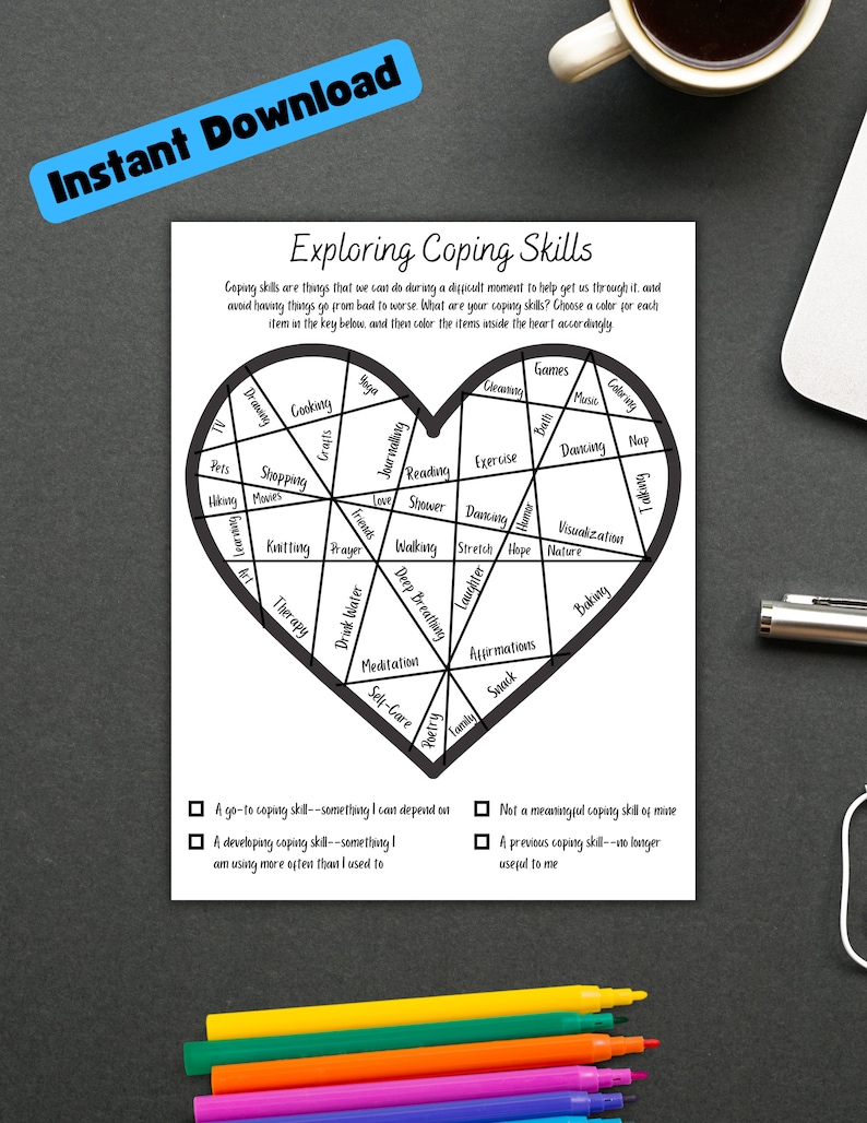Coping Skills Coloring Worksheet, Therapy Tool, Self-help Tool