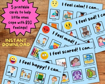 May include: Five printable cards with blue backgrounds and colourful illustrations. Each card features a different emotion: calm, sad, mad, scared, and happy. The cards include suggestions for coping with each emotion.