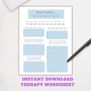 May include: A printable mood tracker worksheet with blue and white text on a light blue background. The worksheet includes prompts to rate your mood, identify triggers, and develop coping strategies. The text "INSTANT DOWNLOAD THERAPY WORKSHEET" is printed in pink at the bottom of the page.