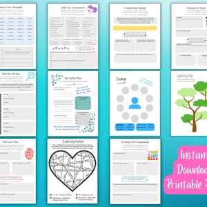 Therapy Worksheet Bundle, crisis safety plan, Self-Care, Strengths, Motivational Interview, Therapy Tools, Social Work Tools, CBT, ACT, MI