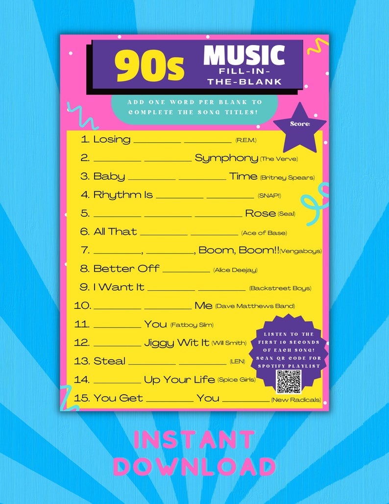 90s Music Trivia Game! Fun Baby Shower, Party Game, Birthday Party Game ...