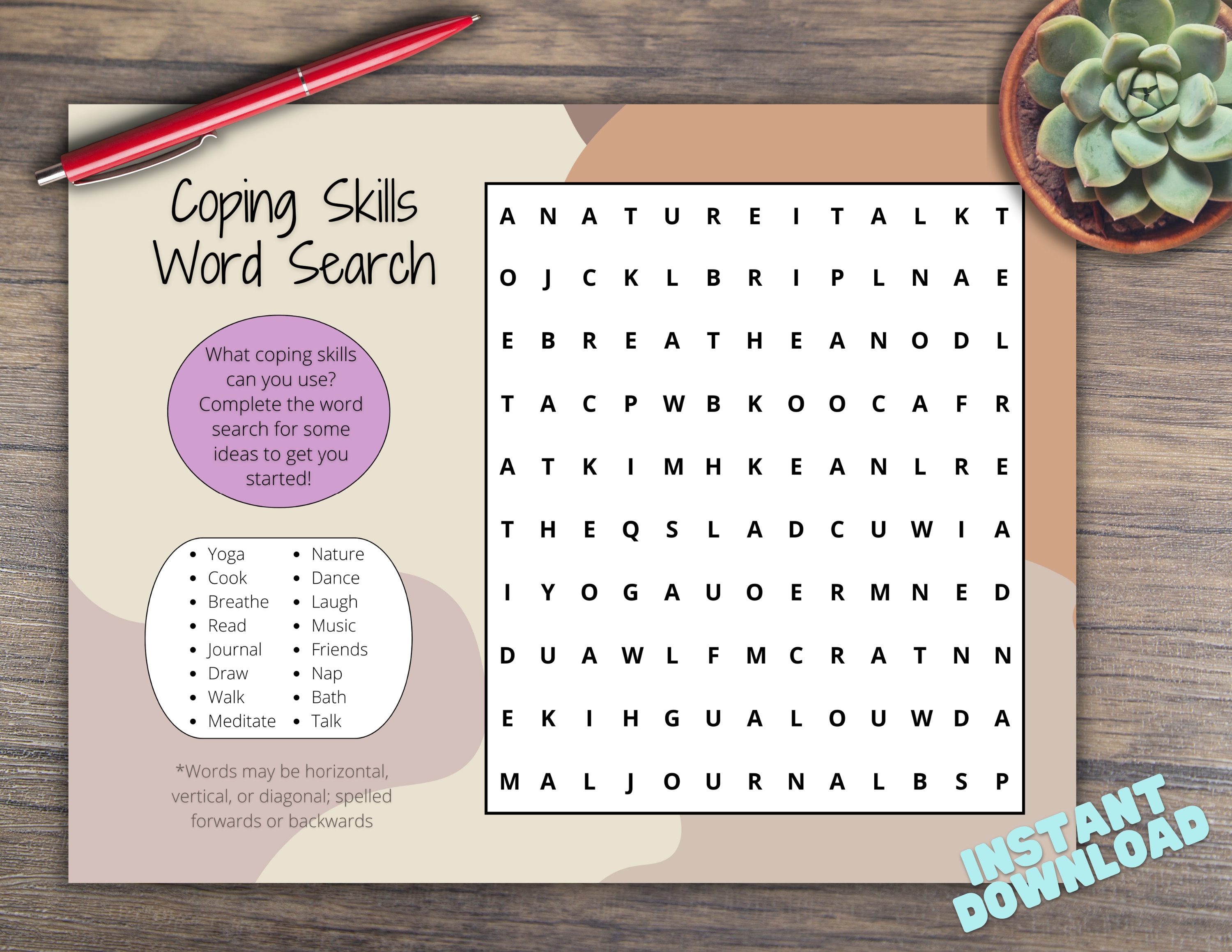 Coping Skills Word Search, Coping Tools, Therapy Tools, Counselling