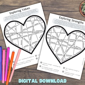 Values and Strengths Coloring Worksheets, Therapy Tool, Therapy Worksheet, Counselling Printable, Mental Wellness Tool, Social Work Print