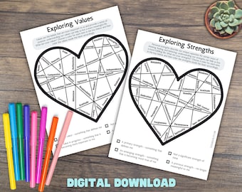 Values and Strengths Coloring Worksheets, Therapy Tool, Therapy Worksheet, Counselling Printable, Mental Wellness Tool, Social Work Print