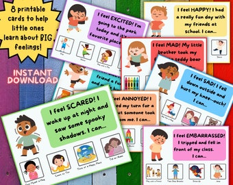 May include: Eight printable cards with colorful illustrations of children expressing different emotions. Each card features a child's face, a short phrase describing the emotion, and a list of coping mechanisms. The emotions include excited, scared, annoyed, happy, mad, sad, and embarrassed.