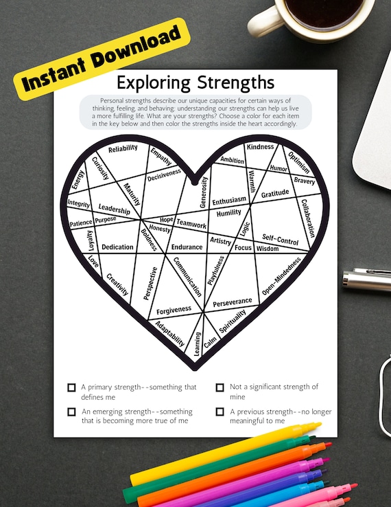 Strengths Coloring Worksheet, Therapy Self-Help Tool (PDF)