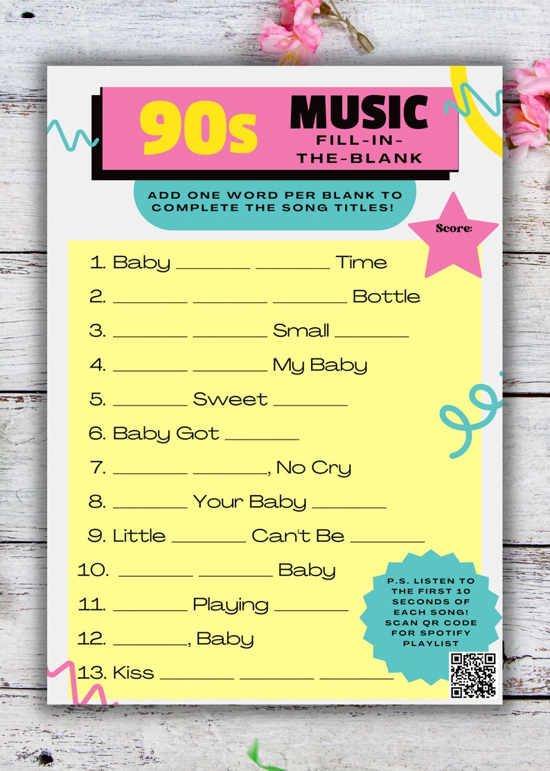 May include: A printable 90s music trivia game with a pink, yellow and blue colour scheme. The game asks players to fill in the blank to complete the titles of 13 popular songs from the 1990s. A QR code is included to scan for a Spotify playlist.