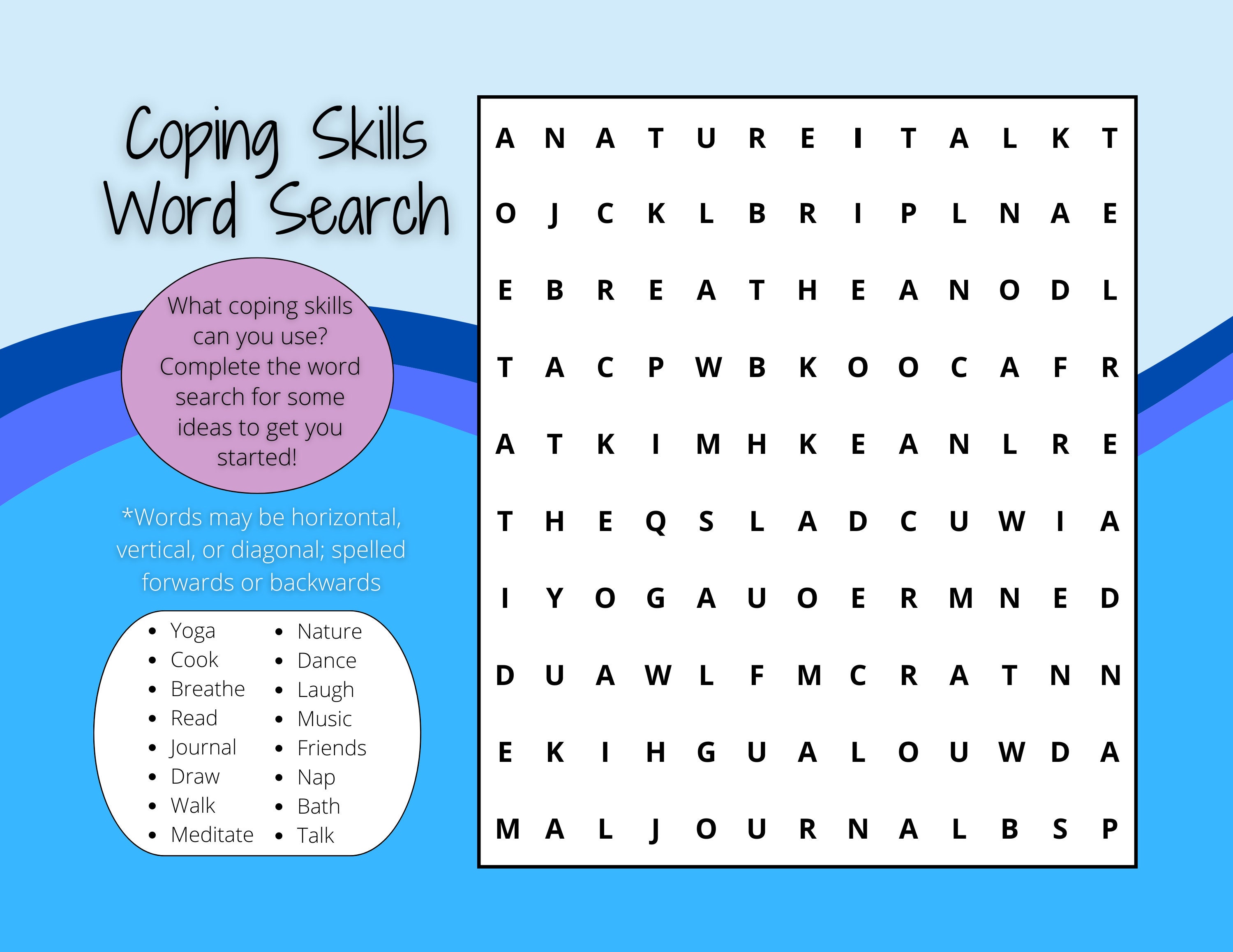 Coping Skills Word Search, Coping Tools, Therapy Tools, Counselling