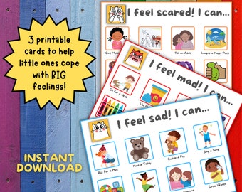 May include: Three printable cards with colorful illustrations and text. Each card features a different emotion: "I feel scared! I can...", "I feel mad! I can...", and "I feel sad! I can...". Each card has a grid of images with coping mechanisms for each emotion.