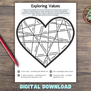 Values Coloring Worksheet, Therapy Tool, Self-Help Resource, Printable, Counselling Template, Mental Wellness Tool, Social Work Printable