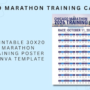 Könnte beinhalten: Ein druckbares 76x51 cm Chicago Marathon Trainingskalender-Template. Der Kalender ist für das Rennen 2026, mit dem Renndatum 11. Oktober 2026. Das Poster ist eine Canva-Vorlage.