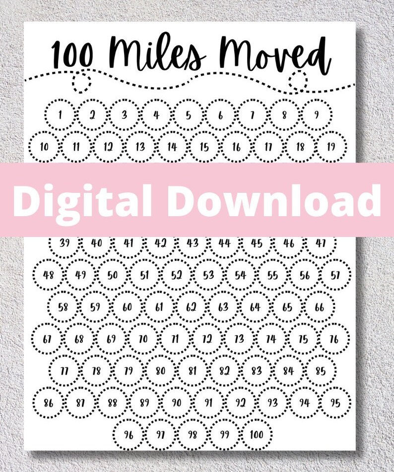100 Miles Moved / 100 Mile Tracker / Exercise Tracker / Running Tracker / Biking Tracker