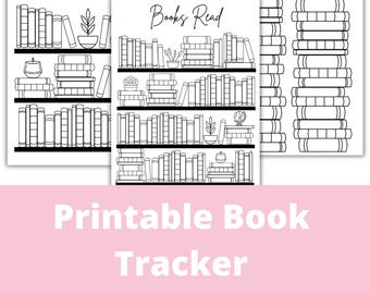 May include: Printable book tracker with three designs. Each design features shelves of books with the words "Books Read" at the top. The bottom of the image has the text "Printable Book Tracker" and options for 30, 50, and 100 books.