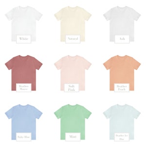 May include: Nine different color t-shirts, including white, natural, ash, heather mauve, soft pink, heather peach, baby blue, mint, and heather ice blue.