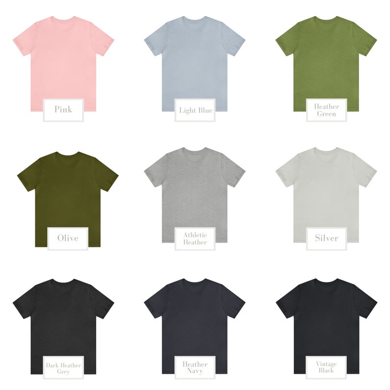 May include: Nine different color t-shirts, including pink, light blue, heather green, olive, athletic heather, silver, dark heather grey, heather navy, and vintage black.