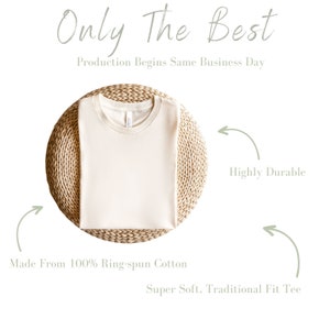 K&ouml;nnte beinhalten: Nahaufnahme eines schlichten wei&szlig;en T-Shirts auf einer geflochtenen Strohmatte. Der Text "Only The Best" befindet sich &uuml;ber dem T-Shirt, und der Text "Production Begins Same Business Day" befindet sich unter dem T-Shirt. Der Text "Highly Durable" befindet sich auf der rechten Seite des Bildes, "Made From 100% Ring-spun Cotton" befindet sich auf der linken Seite des Bildes, und "Super Soft. Traditional Fit Tee" befindet sich unter dem T-Shirt.