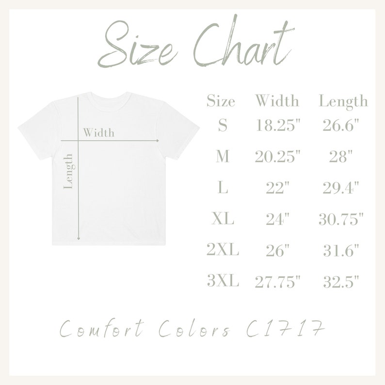 Pu&ograve; includere: Tabella delle taglie per t-shirt con misure in pollici. Le taglie includono S, M, L, XL, 2XL e 3XL. Le misure di larghezza e lunghezza sono elencate per ogni taglia. La tabella &egrave; etichettata "Comfort Colors C1717".