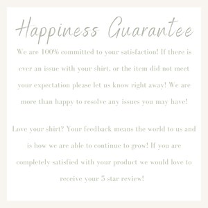 K&ouml;nnte beinhalten: Text auf wei&szlig;em Hintergrund mit der Aufschrift "Happiness Guarantee". Der Text erkl&auml;rt, dass sich der Verk&auml;ufer zur Kundenzufriedenheit verpflichtet und die Kunden ermutigt, Feedback zu geben.