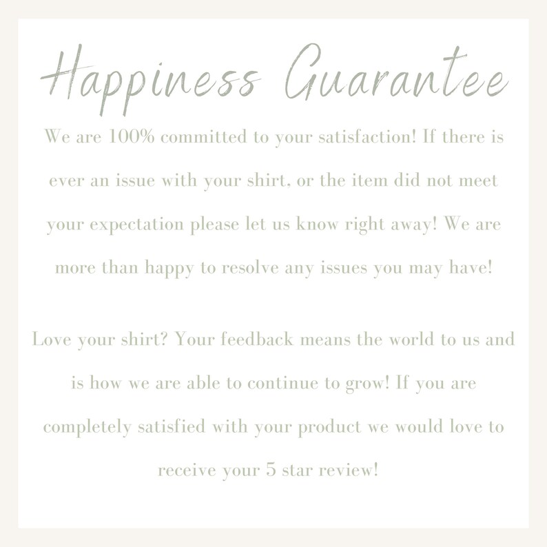 K&ouml;nnte beinhalten: Text auf wei&szlig;em Hintergrund mit der Aufschrift "Happiness Guarantee". Der Text erkl&auml;rt, dass sich der Verk&auml;ufer zur Kundenzufriedenheit verpflichtet und die Kunden ermutigt, Feedback zu geben.