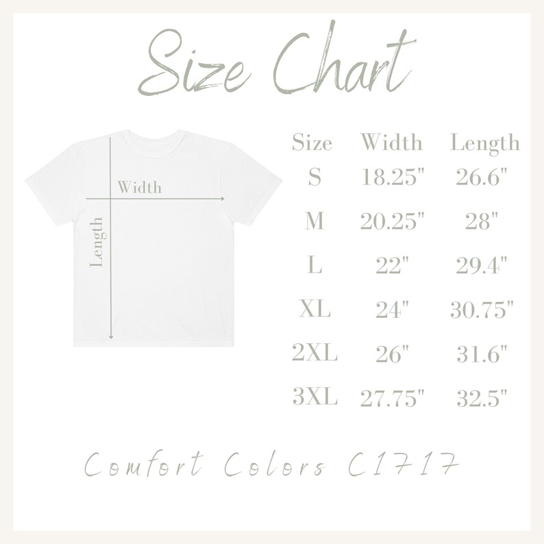 Puede incluir: Tabla de tallas para camisetas con medidas en pulgadas. Las tallas incluyen S, M, L, XL, 2XL y 3XL. Se indican las medidas de ancho y largo para cada talla. La tabla tambi&eacute;n incluye el texto "Comfort Colors C1717".